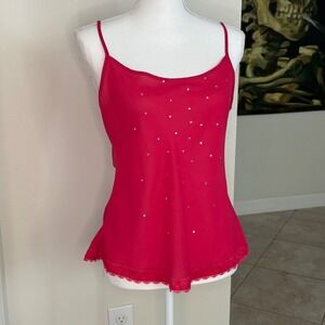 Vintage Y2K TG USA Women's Pink Embellished Camisole Tank Top Lace Trim Sheer